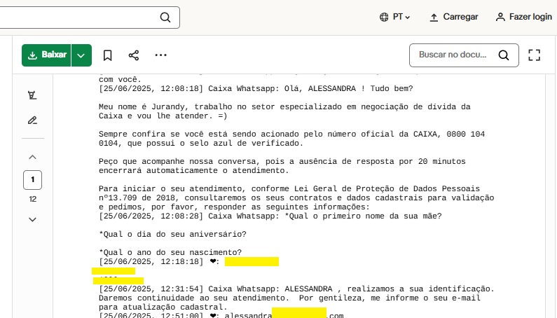 Imagem: Print censurado de uma conversa com um possível canal legítimo da Caixa Econômica Federal.