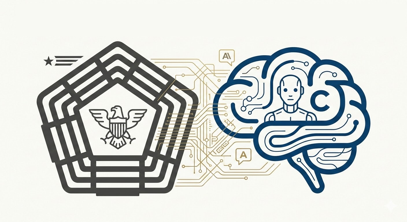 Ilustração minimalista com traços que remetem ao Pentágono e à Anthropic