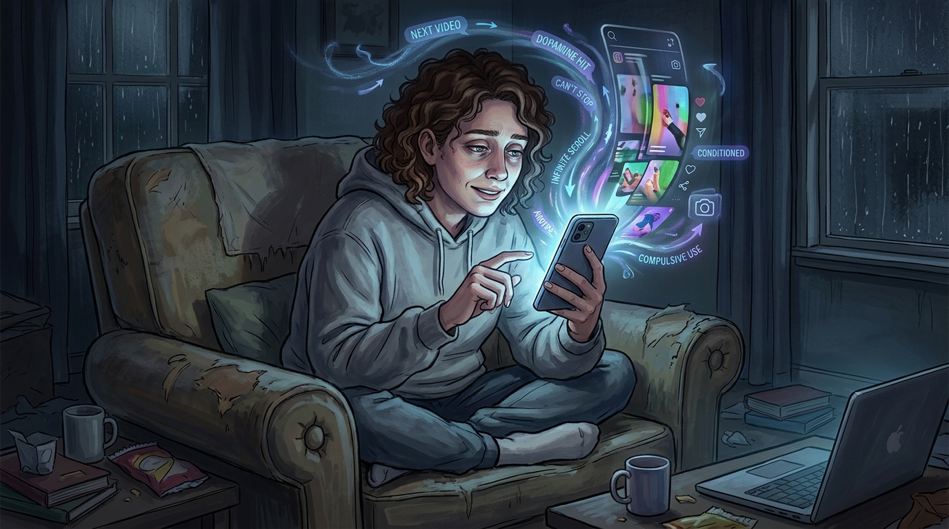 Ilustração representando mulher usando um celular compulsivamente