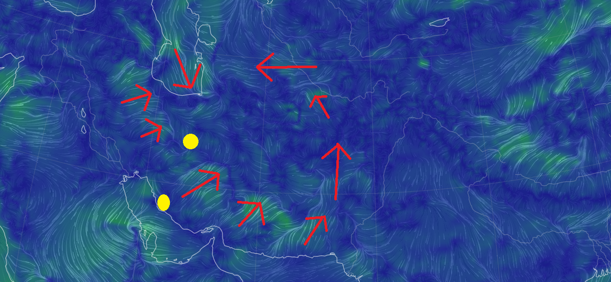 O site earth.nullschool.net mostra a direção dos ventos no mundo todo.